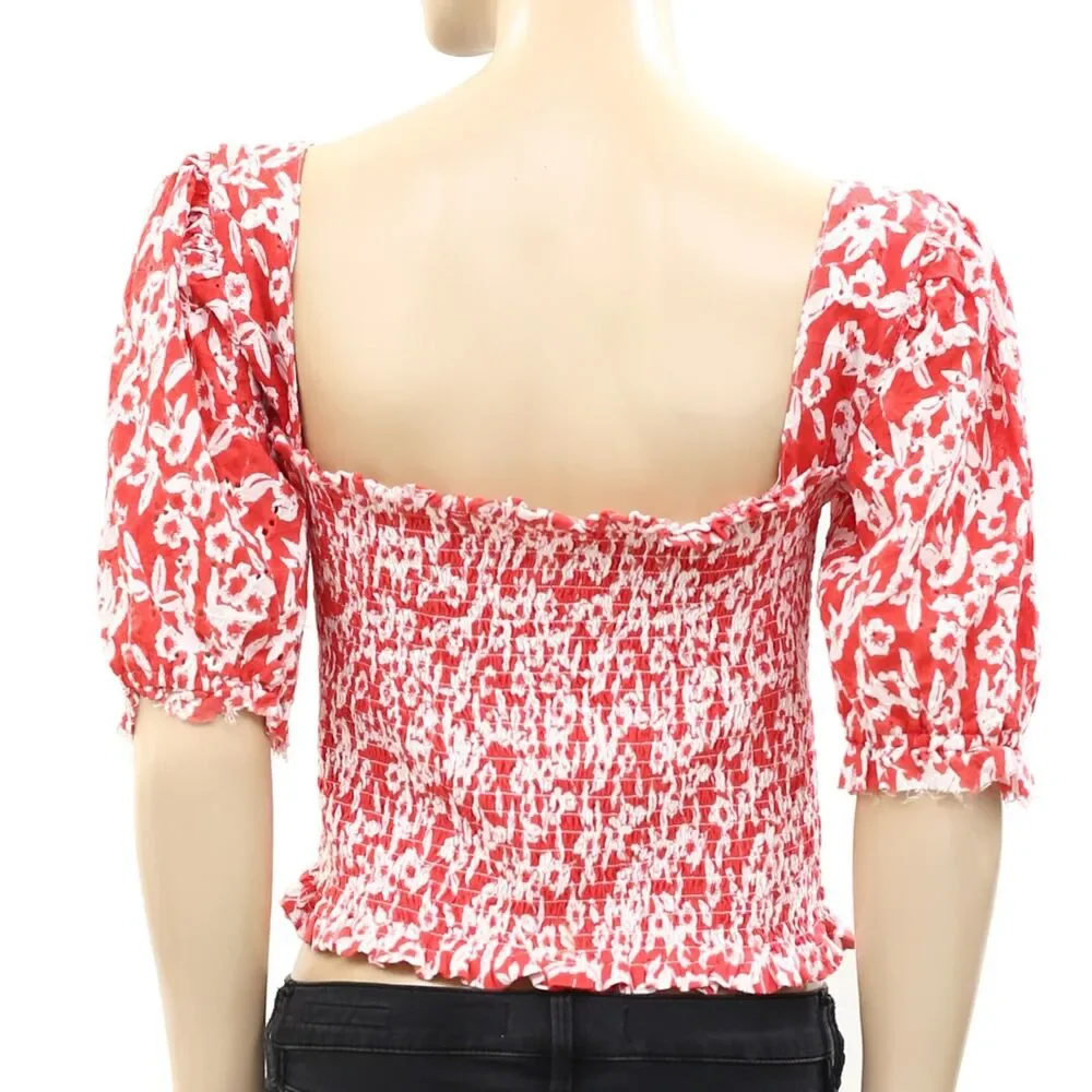 Anthropologie Smocked Eyelet Blouse Cropped Top Floral Embroidered XXS 250151
